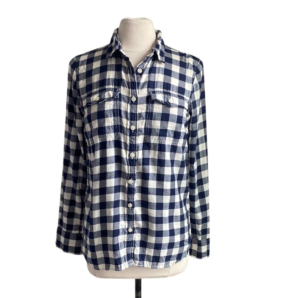 J. CREW Gingham Button Shirt Womens Sz Small Navy Gingham Cabincore